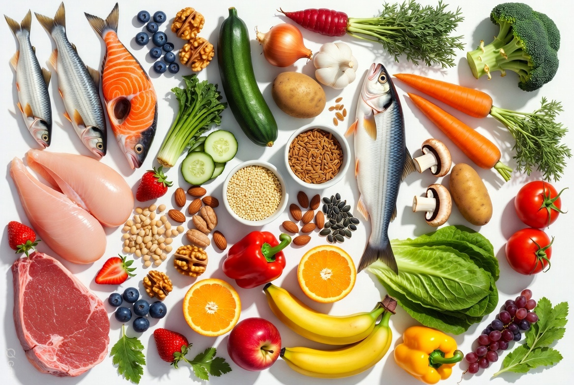 Frische Lebensmittel: Fleisch, Fisch, Gemüse, Getreide und Hülsenfrüchte – Illustration für gesunde Ernährung
